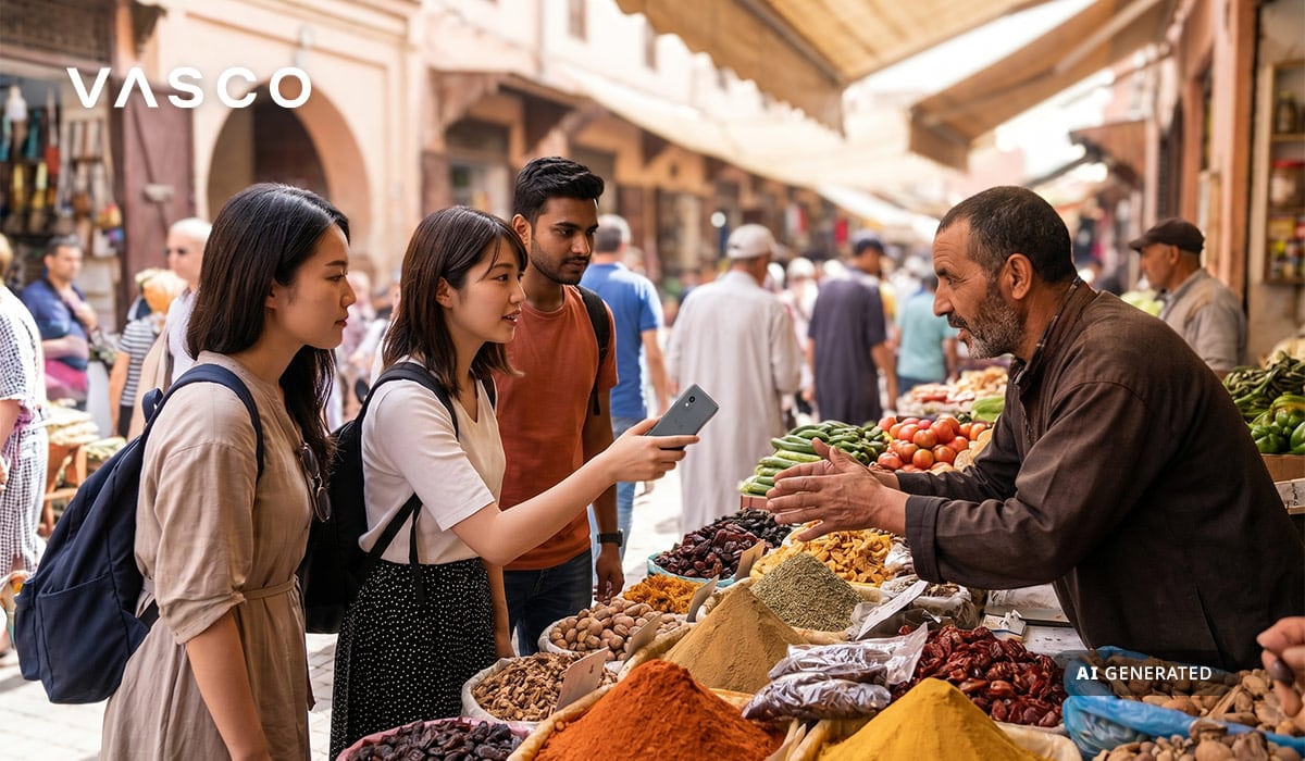 Turistas a usar um tradutor Vasco para falar com um vendedor num mercado local