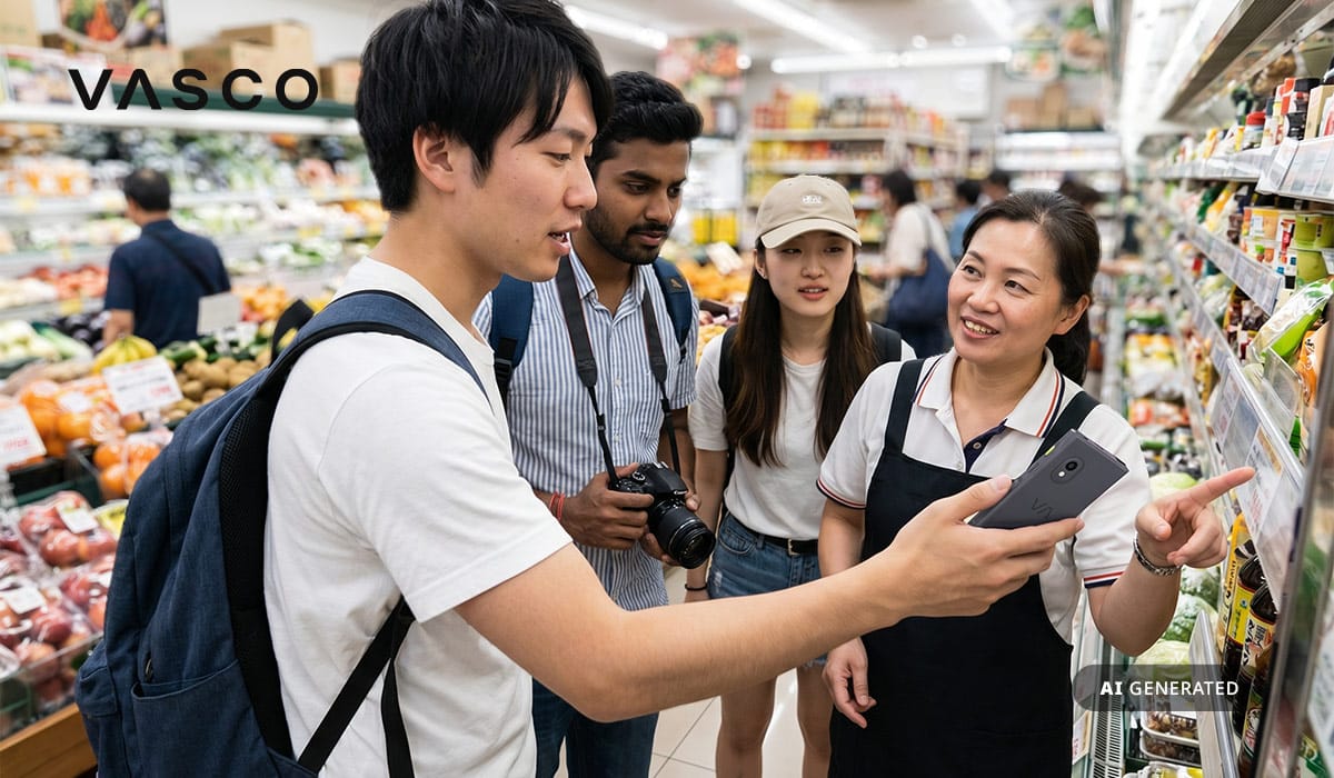 Grupo de turistas a usar um tradutor eletrónico Vasco para pedir ajuda a uma funcionária de supermercado