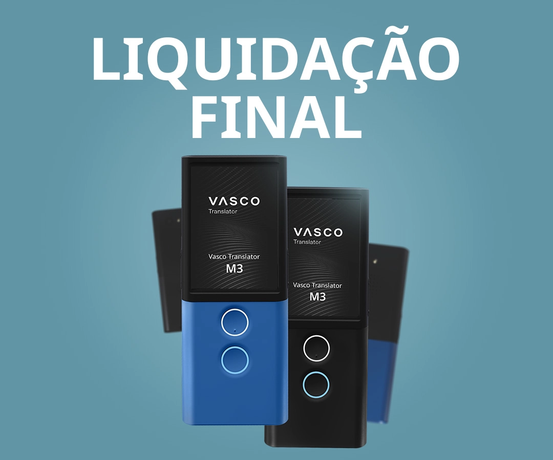 Imagem promocional dos dispositivos Vasco Translator M3 em azul e preto sobre um fundo azul com as palavras «FINAL SALE» (Venda final).
