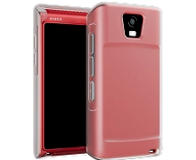 Capa de silicone branca leitosa para o Vasco Translator Q1, apresentada num dispositivo vermelho, vista de frente e de trás. A capa possui um recorte na parte traseira para a câmara do Q1 e uma abertura na parte inferior para prender um porta-chaves ou um cordão.